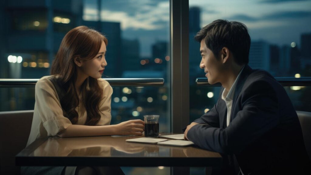 Casal coreano sentado em mesa de café.